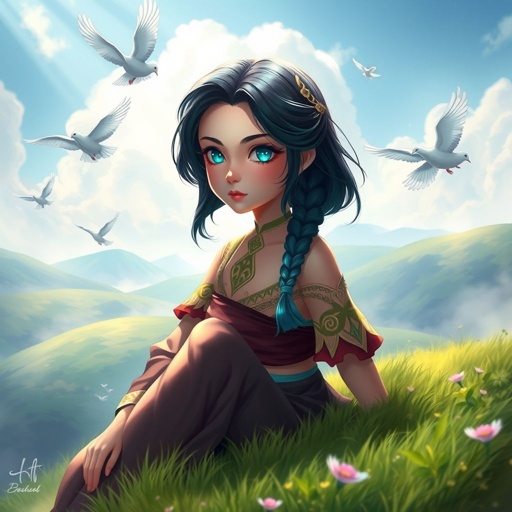 A young female with fair skin and vibrant teal eyes. Black hair with cyan tips in the form of two short braids. Wearing a goddess two-piece outfit (top and trousers) sitting on a hill watching pigeons fly from a very far distance