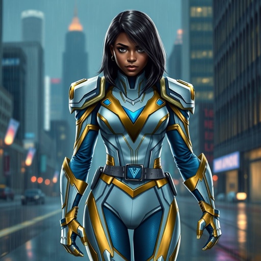 A teenage African American female superhero with hair in a shoulder length side part style wearing a partially armored white and Gold suit with blue accents and a stylized V as her chest emblem a utility belt and silver boots standing in Philadelphia during a rain storm