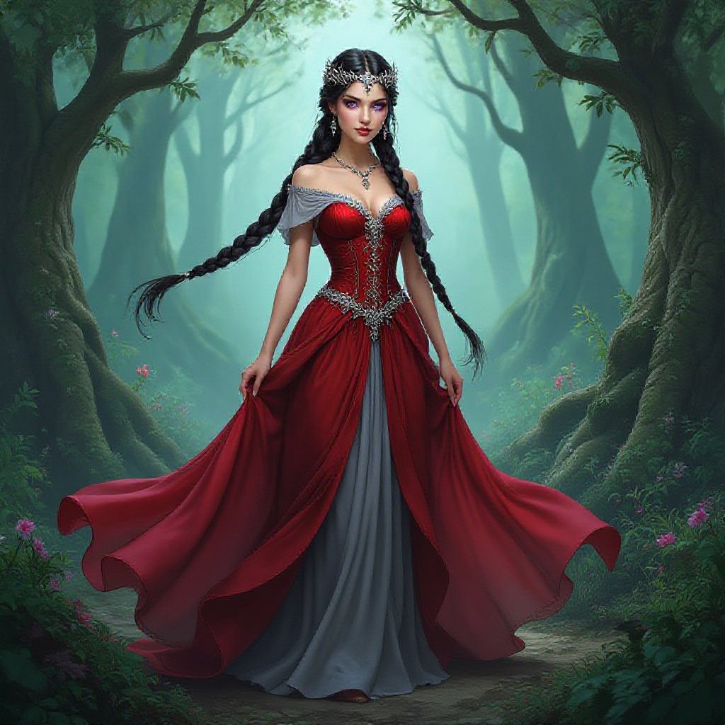 Princess. Dark braided hair. Violet eyes. Short and lean build. Wearing a red and grey dress.