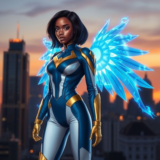 A young African American female superhero with shoulder length hair in a side part style wearing a blue and white suit made of spandex like material that’s slightly armored with gold accents with white pants and gold boots with a stylized V as her chest emblem with wings made of blue fire standing in Philadelphia at dawn
