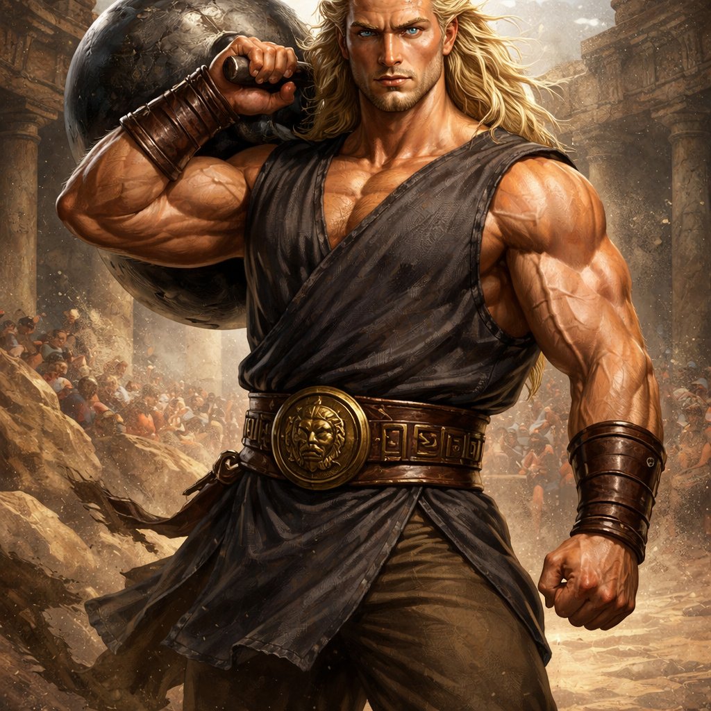 A tall well~proportioned male, so handsome he looks like a Greek god with muscles. With deep-set blue eyes and strong brows, hinting at inner depth“. His hairstyle is a blonde mullet. He works at freak show as a strong man. His outfit consistsed of a Charcoal-toned sleeveless Greek tunic, thick leather belt, leather wristbands/cuffs, brown pants.