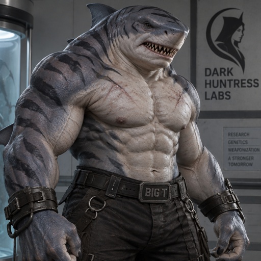 A villain, his name is Big T, Tiger shark, created in the labs of the Dark huntress. He is muscular, 