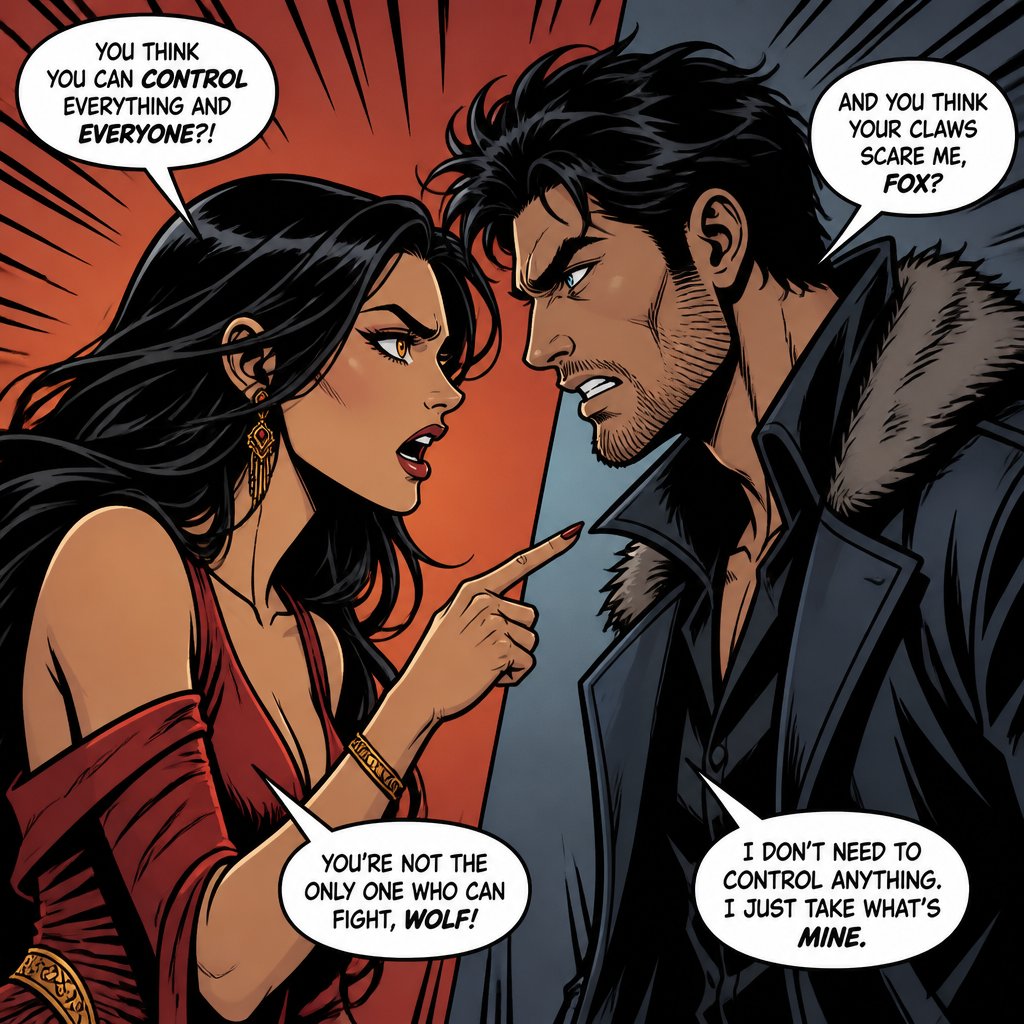 A beautiful woman with fox like looks fox eyes and a beautiful dress arguing with a handsome man with wolf like looks and wolf eyes