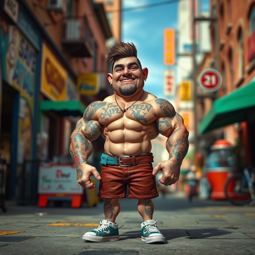 Create a character who is small funny but super buff