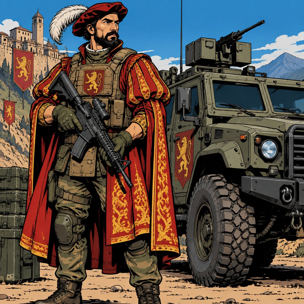 A militia man in full gear, dressed in ornate Renaissance robes with modern military gear stands beside a Humvee like car no speech bubbles no print dots vivid colour