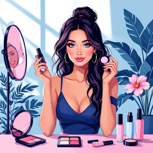 Create a character showing there whole body head to toe, a lady who loves beauty products