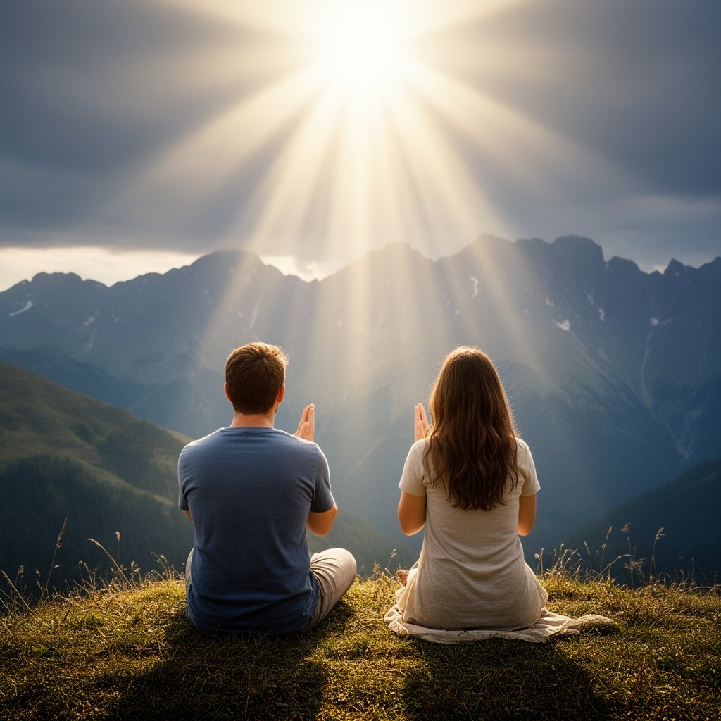 Husband hair brown and wife long brown hair , praying on a hill in the mountains together glory of God shining down on them