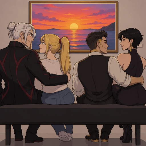 Kado Thorne from Fortnite white hair medium length back hair bun pale skin, Samus Aran zero suit, Midas from Fortnite not gold skin, Bayonetta from super smash bros short hair, watching the sunset painting, double date, all wearing casual clothes, no facial hair, clean shaven 