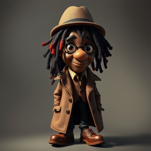 Create a funny character similar to Sherlock Holmes, but make him of black decent and with dread locks. Show his whole outfit including his shoes.