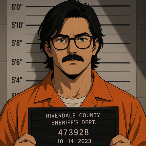 Male, green eyes, mustache, neck length black hair, neat hair, black glasses, wearing orange jumpsuits getting his mugshots taken, cinematic 