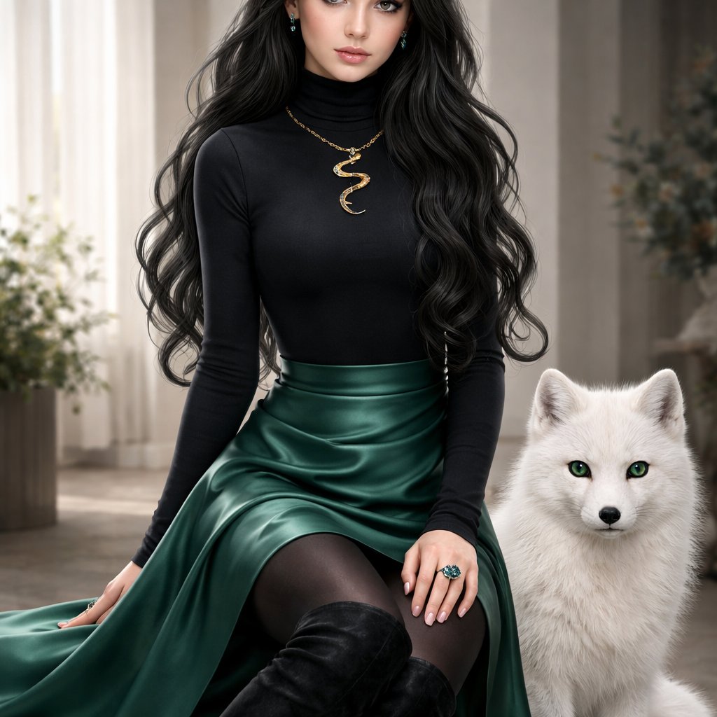 A teenager girl sitting with long black hair and grey eyes. Her hair is set in soft waves resting just above her but. Her eyes are storm grey. She is wearing a black long sleeve turtleneck and a satin Green skirt black tights and black thigh high boots. She has a small golden necklace of a snake and a silver ring with a b on the top to the left of the b is a black diamond and to the right is an emerald. She has an arctic fox next her with bright green eyes. She has fare skin and she has emerald stud earrings in both ears you can see her full body and she is wearing a small diadem the diadem is black with emerald accents