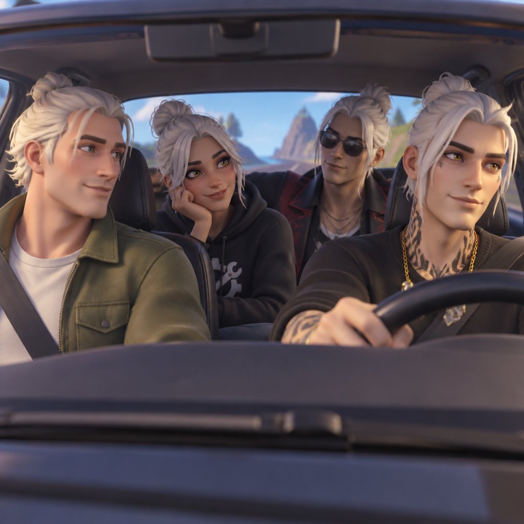 Jones from Fortnite stubble , Midas from Fortnite, Jules from Fortnite, Kado Thorne from Fortnite pale skin white hair shoulder length back hair bun, all driving in a car, all wearing casual clothes