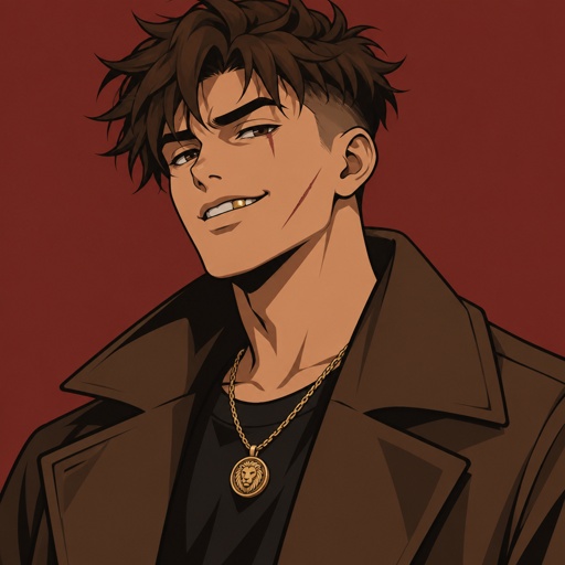 Male, brown choppy messy hair undercut, gold tooth, scar under eye, scar on cheek, brown long jacket, necklace, smirk