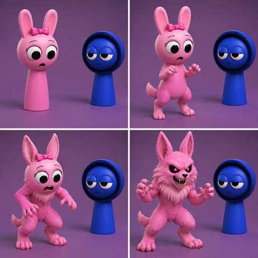 Pinki from sprunki starting to turn into her kind Wererabbit self in front of Jevin from sprunki with her legs and tail transforming and then her arms and then her ears and her neck gets fluffy and then she’s fully transformed with her eyes being black and pink