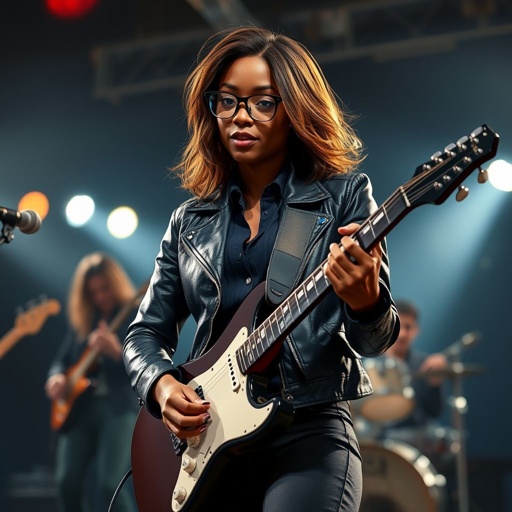 An African American woman with glasses shoulder length brown hair with highlights in a side part style wearing black leather jacket with blue accents black jeans a dark blue shirt on a stage playing a Flying V electric guitar with a band