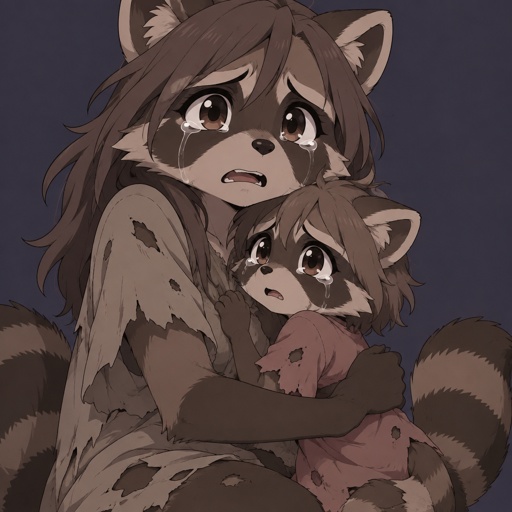 Female Raccoon Furry, with daughter, scared, ratty clothes
