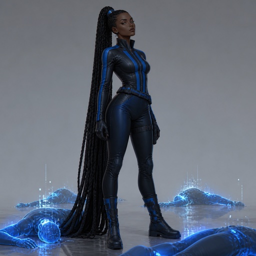A dark tall elegant looking woman with very long braids in a pony tail wearing a black and blue striped spy suit with a background of holograms fallen to the ground looking unimpressed 
