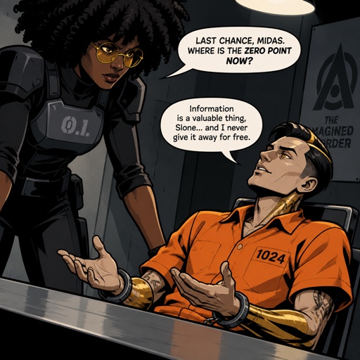 Slone from Fortnite interrogating Midas from Fortnite, Midas wearing an orange jumpsuit, talking