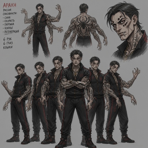 Male Villian with spider powers, six arms, six eyes, spider fangs, Russian, arm tattoos, cheekbones, multiple of the same character 