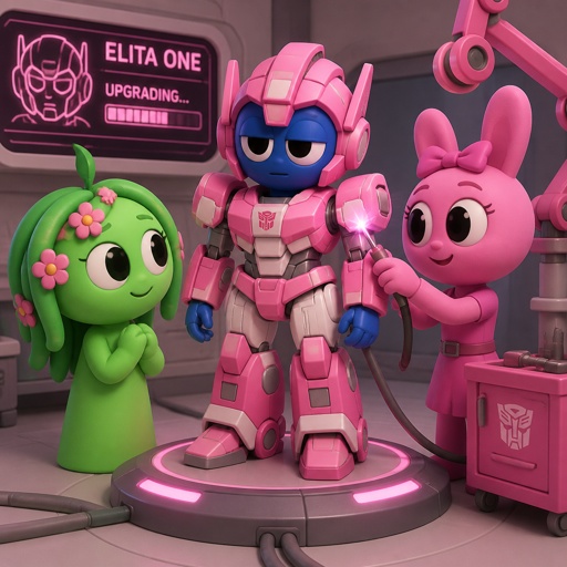 Vineria from Sprunki seeing Jevin from Sprunki merged with Pinki from Sprunki as Elita One with Pinki upgrading the armour 