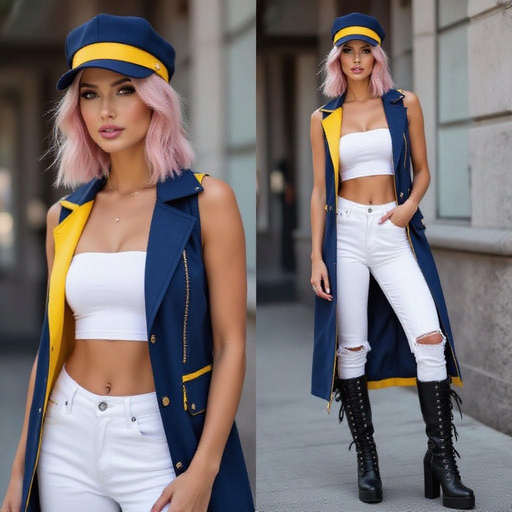 Pretty blonde and pink hair in a Bob Haircut wearing a stylish Indigo cap with Yellow band and  she wears a matching open Indio, Yellow vest and a low cut white  tube top and white torn skinny jeans and  black high combat heel boots