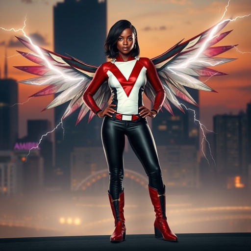 African American female superhero with shoulder length hair in a side part style and wings made of white lightning wearing a slightly homemade  white red and black suit with black pants with a stylized V as her chest emblem wearing red flat boots made of gold standing in Philadelphia at dusk