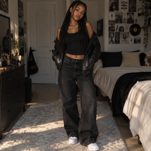 A full picture of a bright caramel skinned 16 year old girl with dark braids wearing a black baggy jeans with a black tank top and a leather jacket with a silver necklace on her neck. She has a slim waist and nice curves