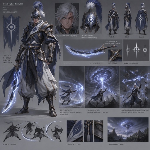 lightning knight, plume helmet, grey hair, eye of the storm mark, baggy pants, scar eye, teleportation ability, storm creation, lightning curved sword, electromagnetism manipulation