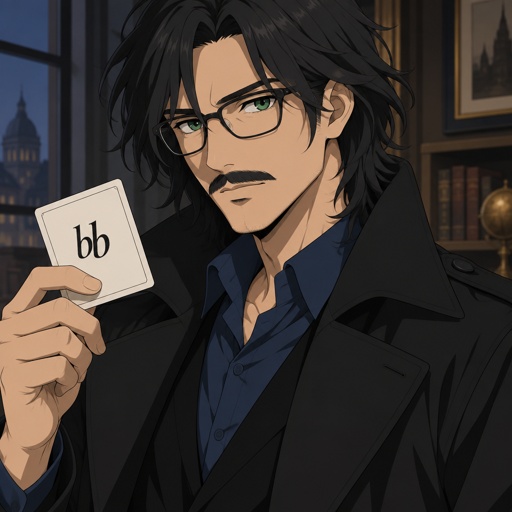 Male, green eyes, mustache, shoulder length black hair, black glasses, holding a card that has two b’s on it, black trench coat, blue shirt