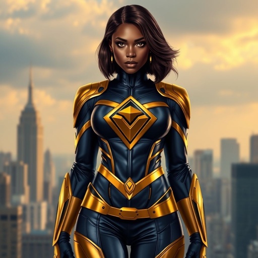 African American female superhero with hair in a shoulder length side part hairstyle with pure Gold Glowing eyes wearing a leather slightly armored navy blue and gold suit with navy blue pants and gold knee length boots with a diamond with the top half gold and the bottom half black as her chest emblem in Philadelphia