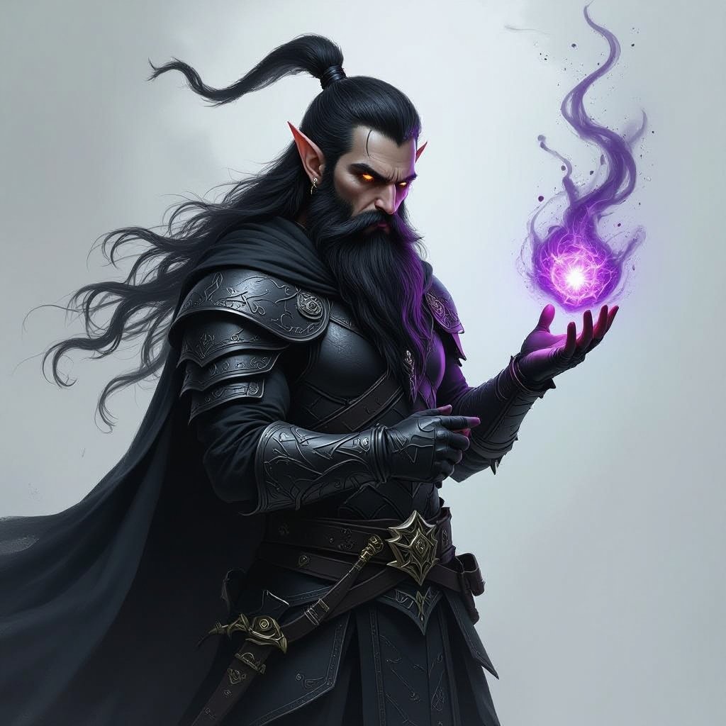 A elf in his 40s with all black on and black beard and has chaos abilities