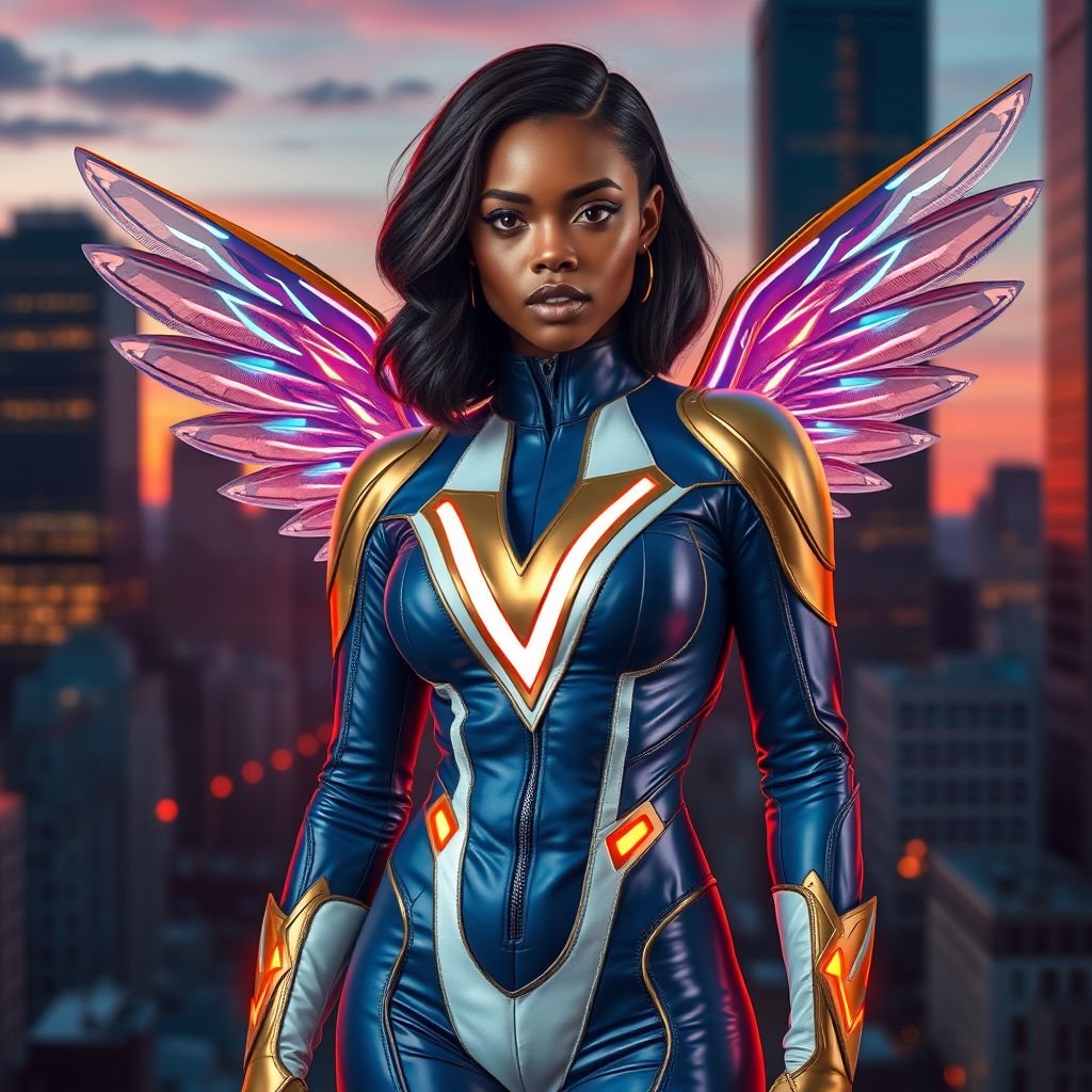 African American female superhero with shoulder length hair in a side part style and holographic wings wearing a homemade leather white and blue suit with gold accents and blue pants with a stylized V as her chest emblem wearing gold flat boots  made of gold fire standing in Philadelphia at dusk