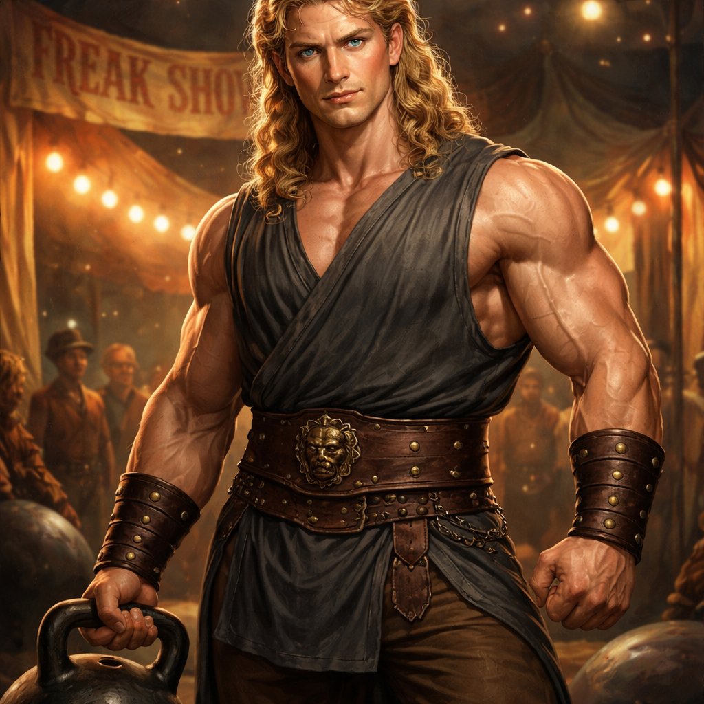 A tall well~proportioned male, so handsome he looks like a Greek god with muscles. With deep-set blue eyes and strong brows, hinting at inner depth“. His hairstyle is a blonde mullet. He works at freak show as a strong man. His outfit consistsed of a Charcoal-toned sleeveless Greek tunic, thick leather belt, leather wristbands/cuffs, brown pants.