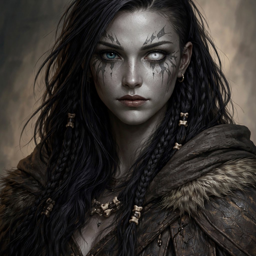 A female goliath from dnd with grey skin, the right eye is dark blue and the left is completely fogged over she is blind in the left eye. Her har is black and she is a rouge. She has two tattoos that start at a point under her eyes and goes into her hairline. She is 20 and wears a bit more clothes, she is probably wearing a cloak but the hood is not up and she looks androgynous
