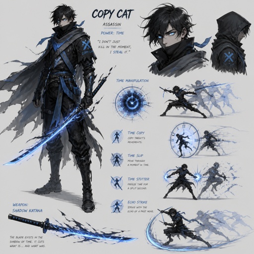 assassin name copy cat, time power, light blue eyes, blue shadow katana