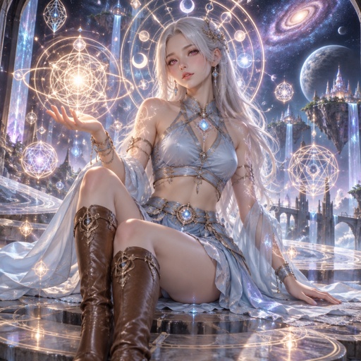 Young woman, silver hair, pink eyes, light blue top, Skirt, brown boots reaching to her knees