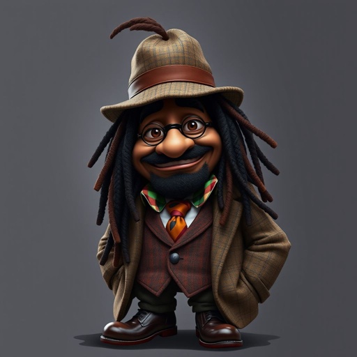 Create a funny fat character similar to Sherlock Holmes, but make him of black decent and with dread locks. Show his whole outfit including his shoes.