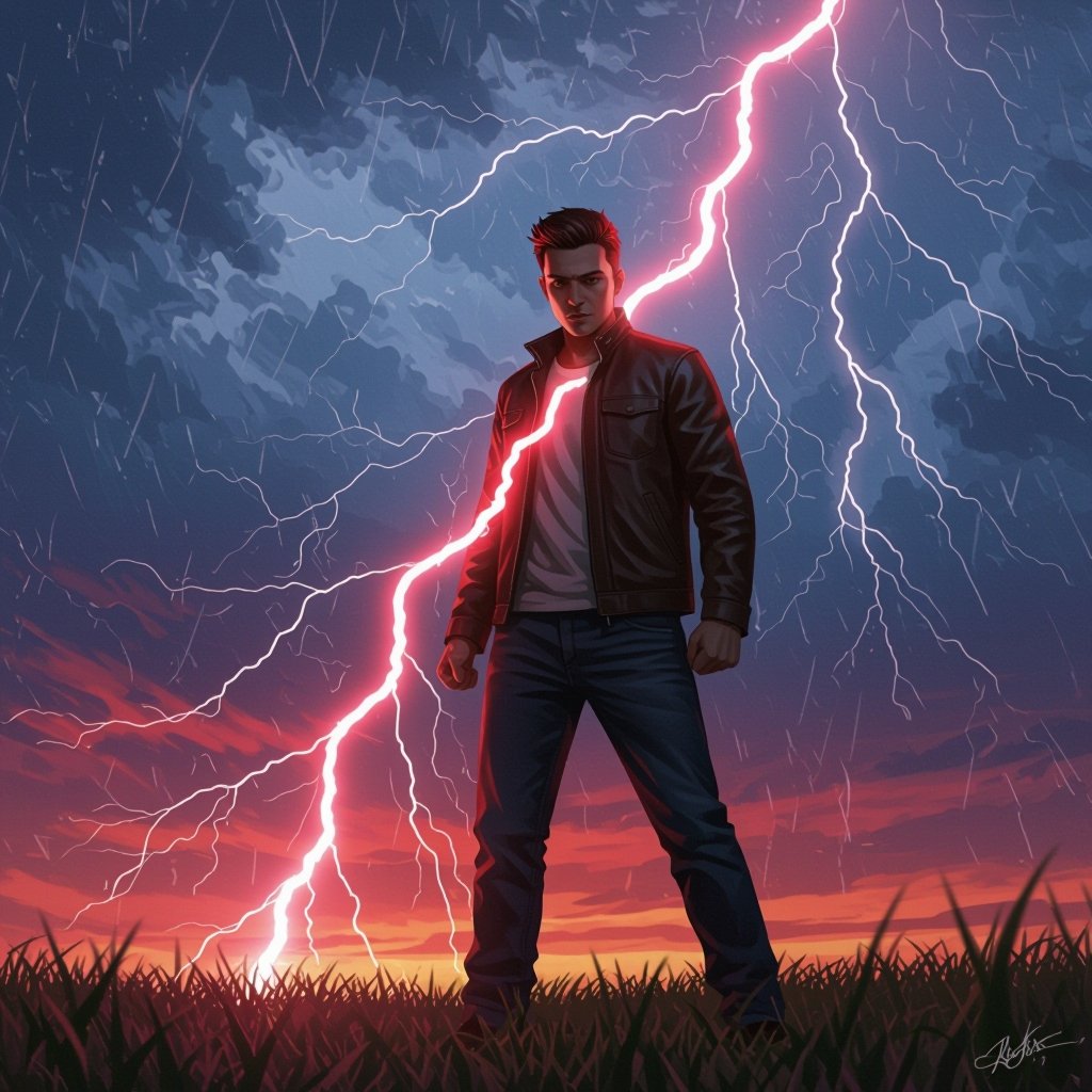 Zoom out the picture put red lightning striking and him holding it and dark sky