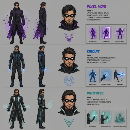 Male Villain with technology abilities, eye mask, stubble, multiple of the same character