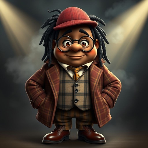 Create a funny fat character similar to Sherlock Holmes, but make him of black decent and with dread locks. Show his whole outfit including his shoes.