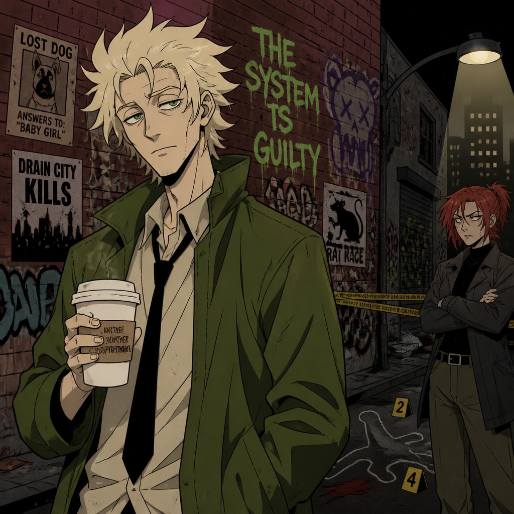 Anime style Male great detective takes his job real seriously really good at it mid 20s medium really crazy light blonde hair, tall thin, tied, clean shaven, strange green eyes wearing baggy loose mossy green jacket tired face,has coffee and sometimes smokes, partner long red hair brown eyes looking annoyed and concerned for him, trying take case seriously,crime scene person unknown, detective will do whatever he can, parent and him get into arguments usually partner will say "you really need some rest you can barely stand and your speaking trails off, how do you expect to finish this case with the little sleep and food you get" detective reply" all I need is some coffee, I can survive I don't plan on resting till I get to the bottom of this, worrying never helps"as he yawns, partners says back "ugh! your really stubborn, looks like I'm going to have to catch you again when you pass out"as a comic