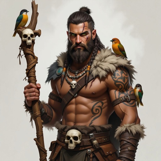 Kael the Beastbound – A rugged, broad-shouldered man with brown skin and a rough beard, wearing armor made from bone and leather. deep green eyes tattoos of animal tracks spiral down his arms. He carries a massive wooden staff carved with the shapes of beasts, and small creatures often perch on his shoulders or follow at his feet.