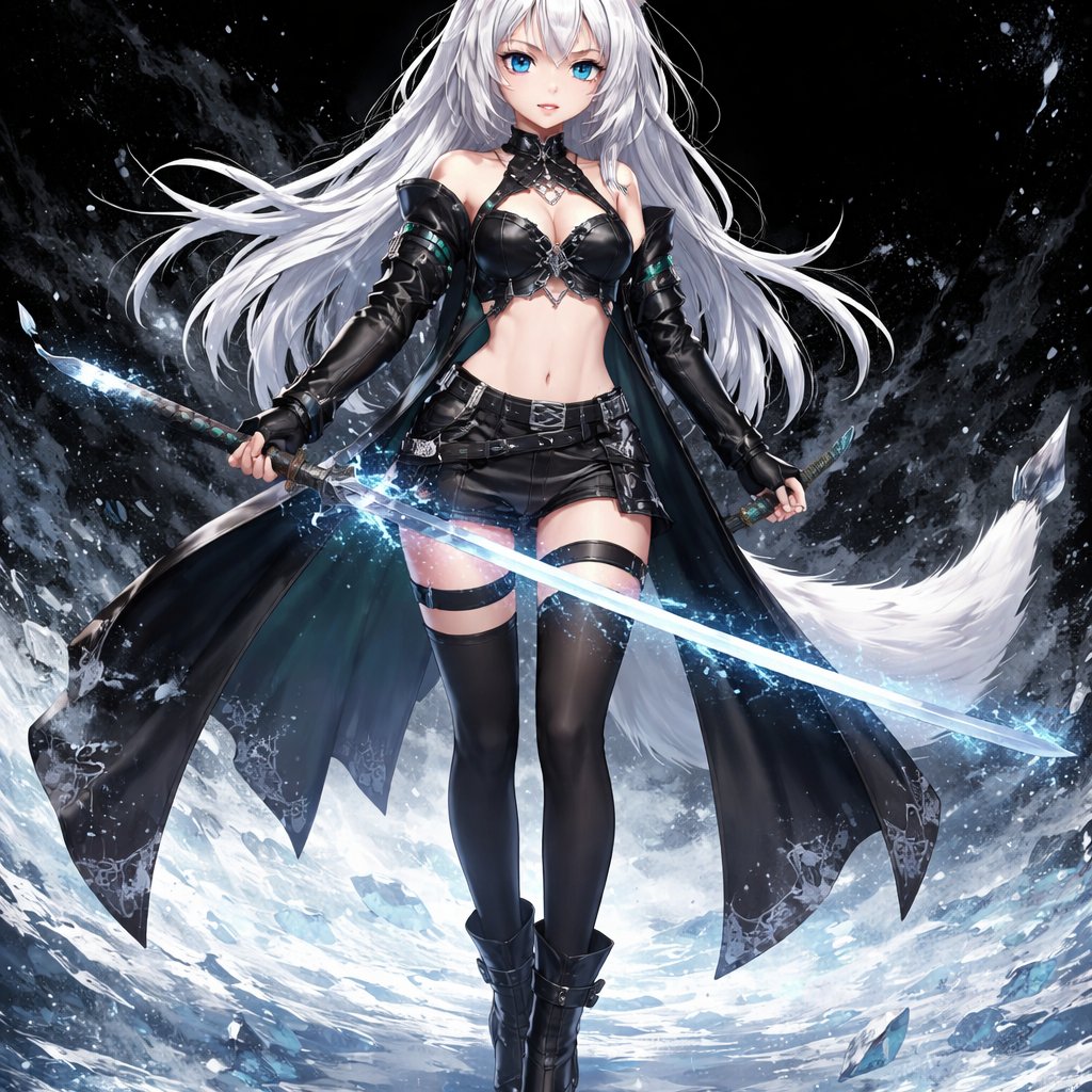 Fully body view anime-style young woman long white hair with very small breasts with fox ears and tail. Gothic black and teal full body leather clothes aqua eyes she holds a katana with an ice aura background is that the floor is icy where she stands background mainly black splash art