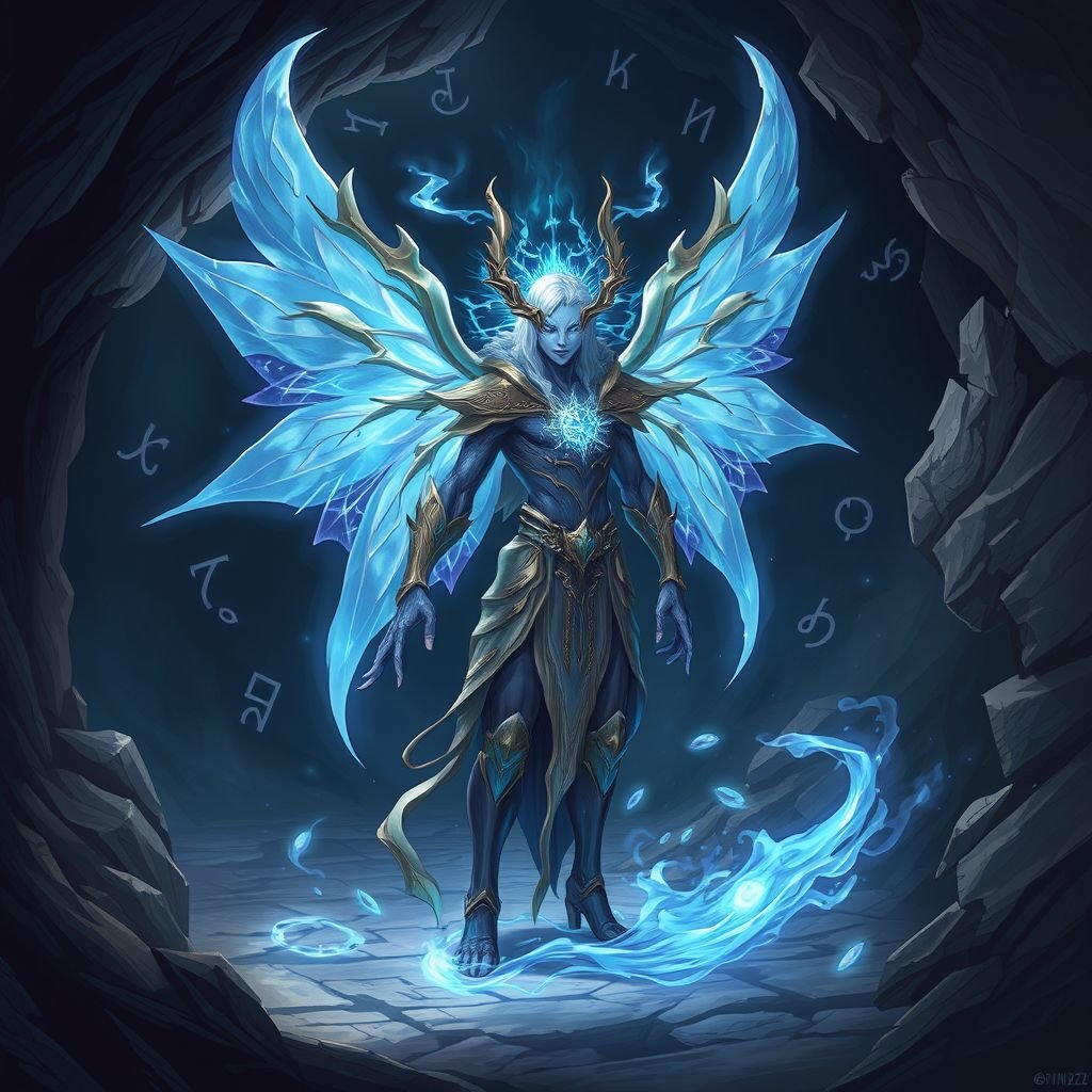 Magical ball of blue light floating in a cave by itself with nothing else around it