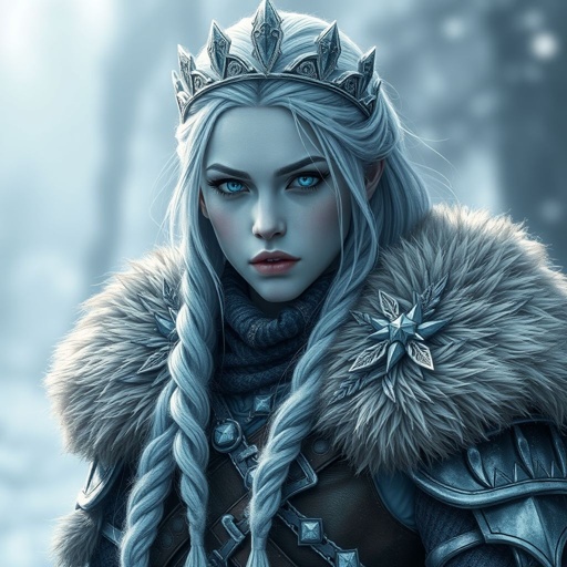 Create a character head to toe showing the whole character, meaning legs feet body face everything: A tall, battle-hardened woman with pale, icy-blue skin. Her long silver hair flows in braids tipped with frozen beads. She wears heavy, fur-lined armor made from the hides of snow beasts. Her eyes glow faint blue. A frost-shaped crown rests lightly on her head. Please show whole character not just waste up.