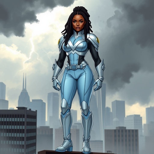 African American female superhero with locs in a shoulder length style wearing a leather slightly armored light blue and silver suit with light blue pants and silver boots and a V as her chest emblem standing in Philadelphia during a storm
