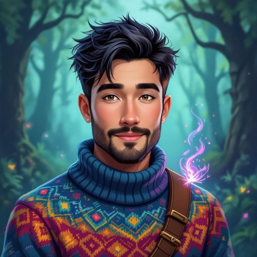 Mężczyzna o krótkich, czarnych włosach, zadbanej brodzie i wąsie w kolorowych sweterku