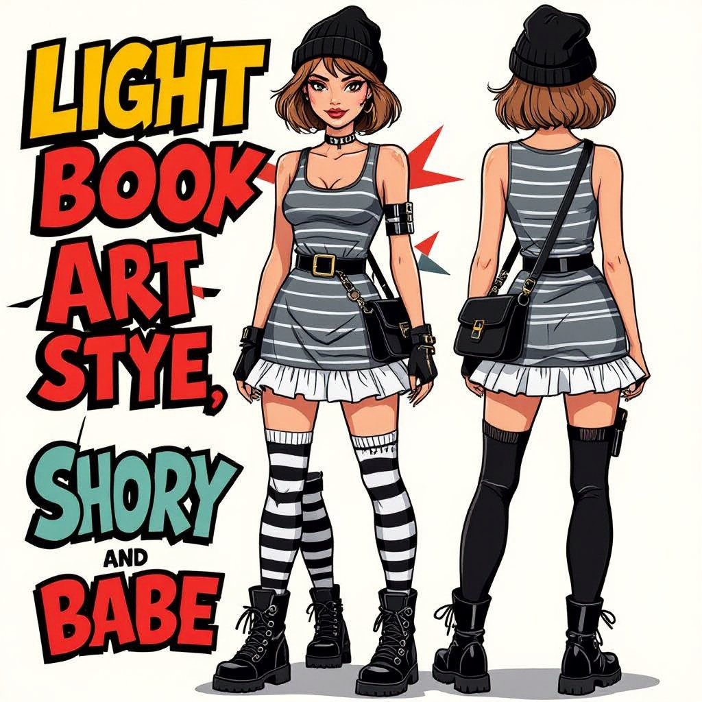 Light Brown Short Hair Babe Striped gray tank dress with white ruffled mini-skirt, thigh-high socks, chunky black buckle boots, black beanie, and cross-body bag — casual goth-punk streetwear.