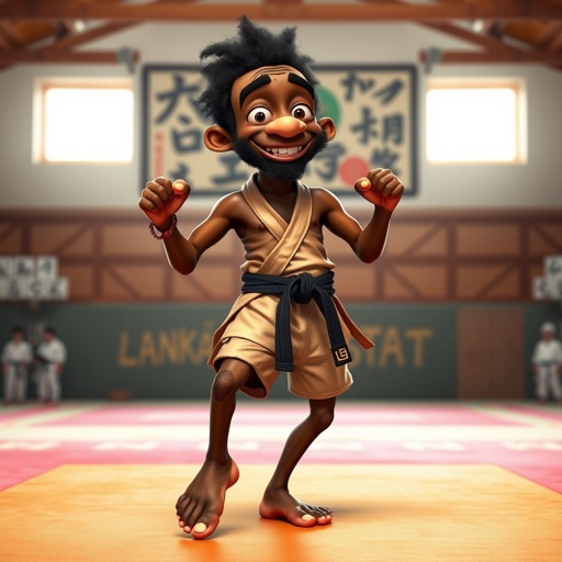 Create a character who looks like a funny African karate guy who doesn’t have a clue what he is doing. Make him have weird toes, only speedos on and a black karate belt.