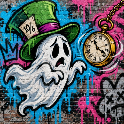 A ghost with the mad hatter hat on is checking his pocket watch that is going crazy